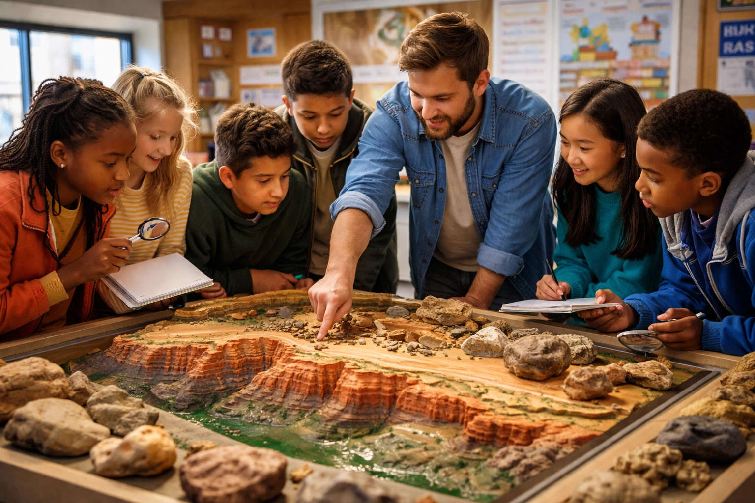 Middle school students explore Grand Canyon rock samples in a hands-on science classroom activity