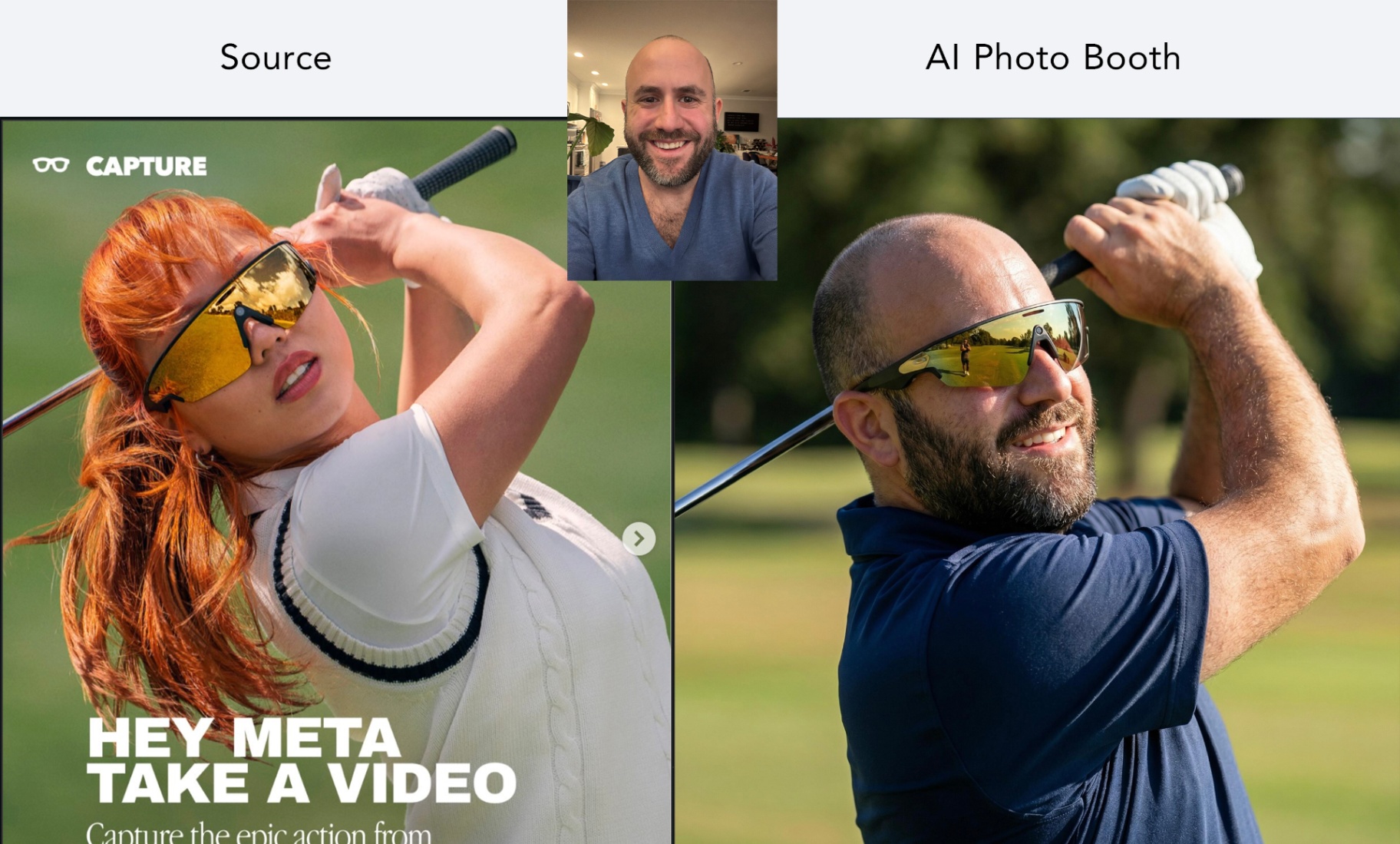 Generative AI photo booth transformation turning a guest into a pro golfer for an Oakley brand activation—high-performance sports ad look.