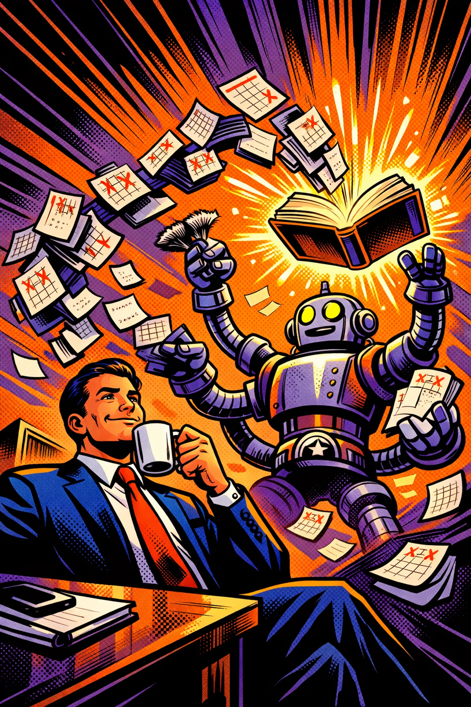 AI business automation robot organizing meeting calendars for a relaxed business owner.