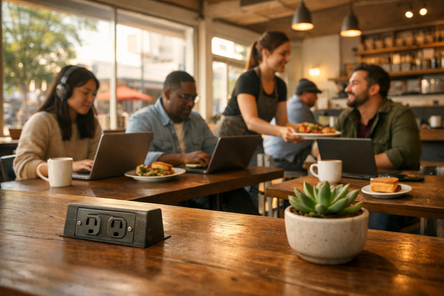 Remote workers dining and working in Bay Area neighborhood cafe during daytime