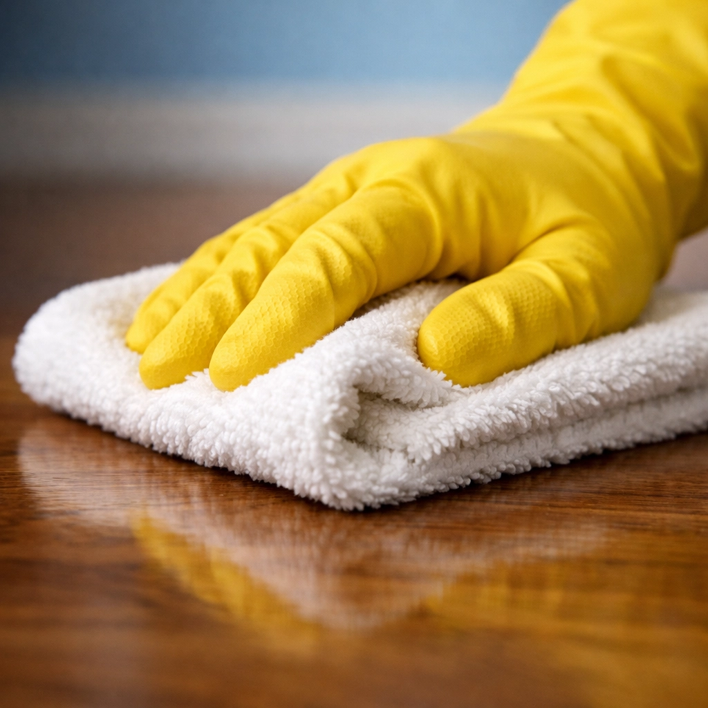 Close-up of a hand in a yellow glove blotting a hardwood floor using a white microfiber cloth.