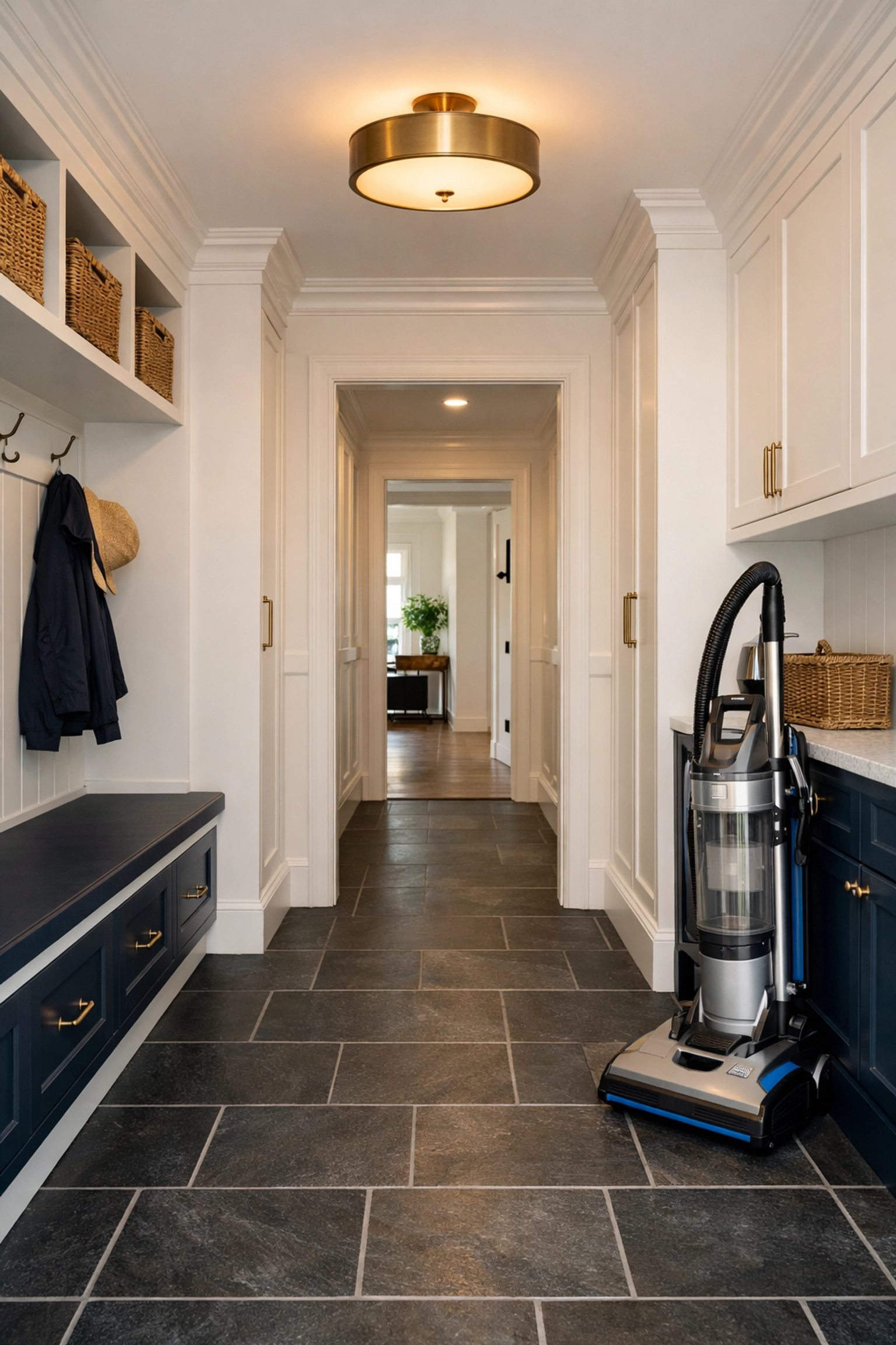 Professional HEPA vacuum and cleaning equipment in a spotless Medfield mudroom after a recurring house cleaning.