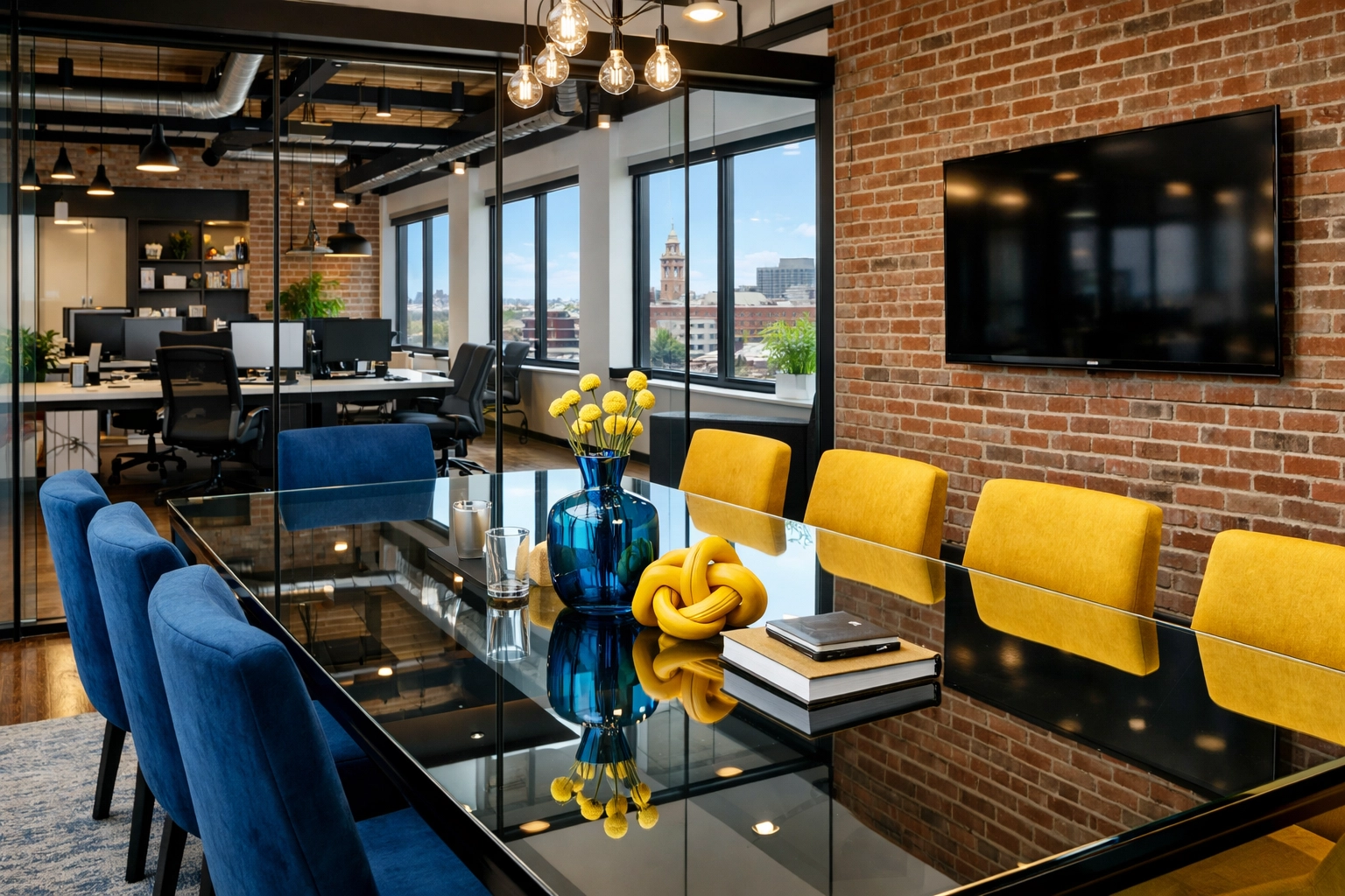 Modern office cleaning Worcester in a Canal District conference room with dust-free glass tables.