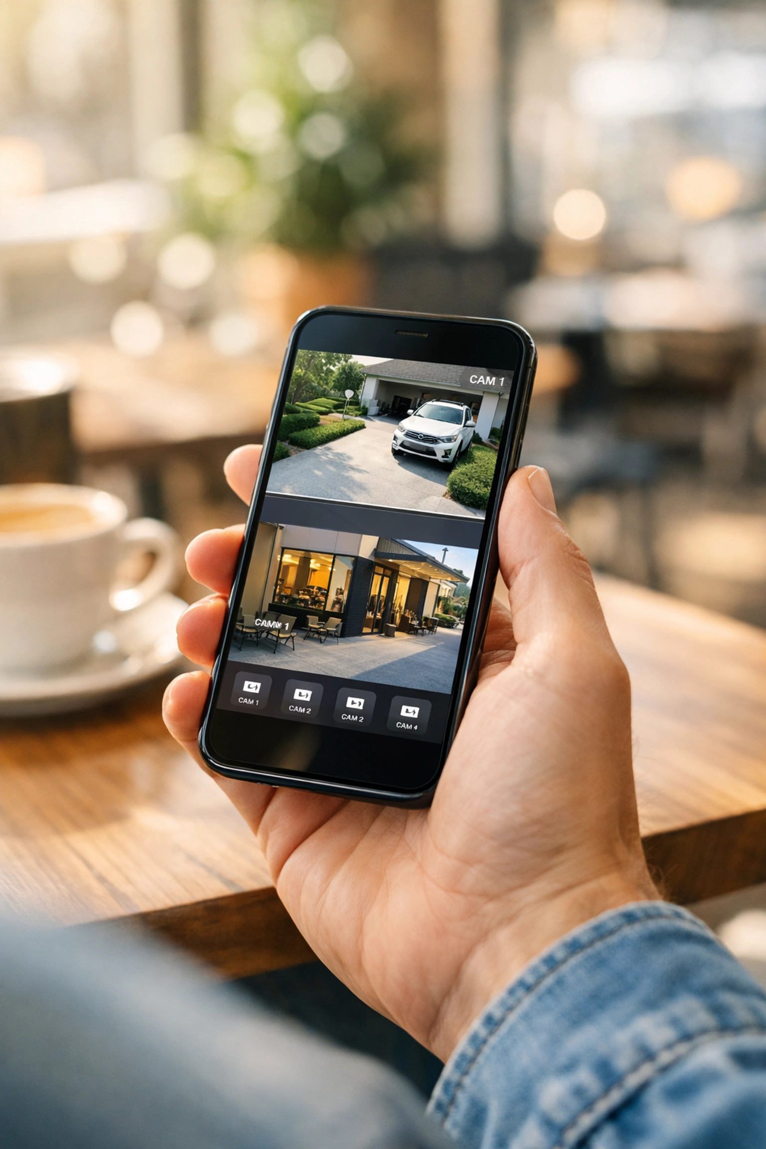 Person using a smartphone to monitor live high-definition CCTV security feeds for a Cardiff property.