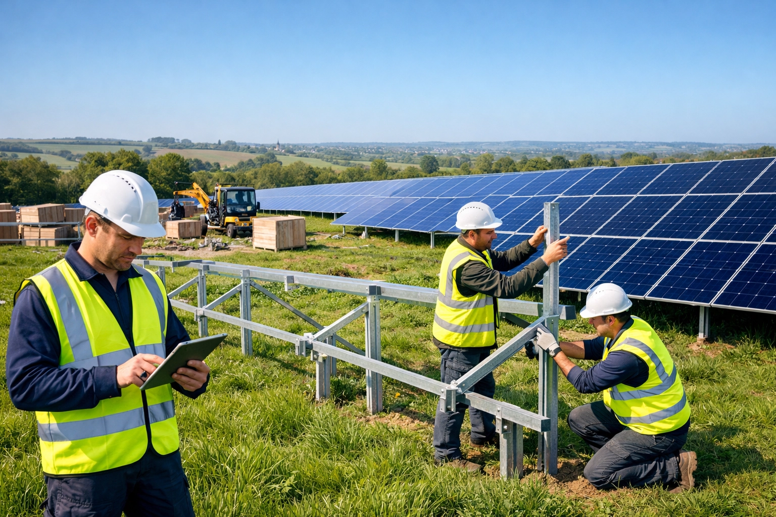 Professional construction workers and site managers working on a solar farm installation project in the UK.