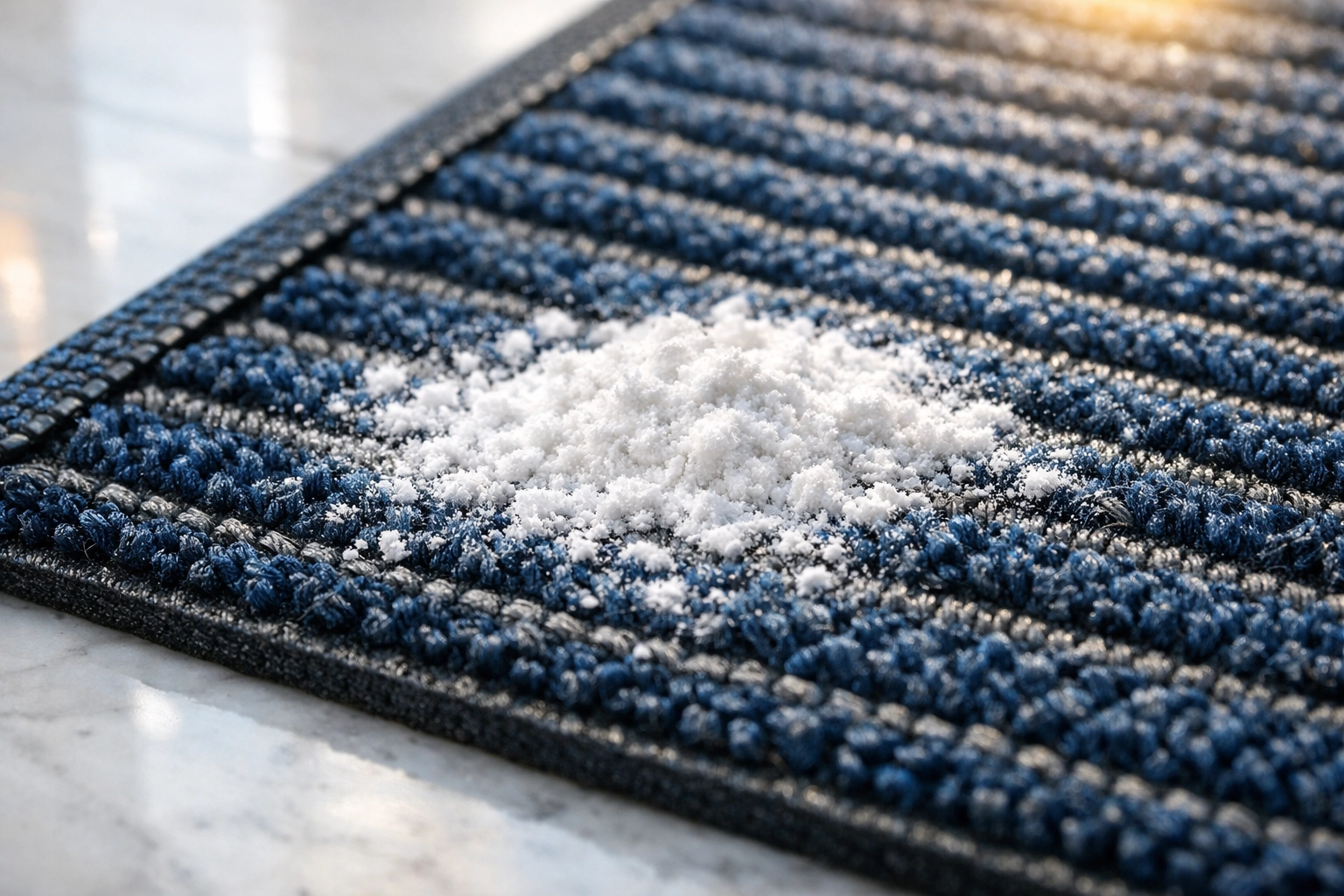 Baking soda sprinkled on a hallway entrance mat to neutralize odors and lift dirt.