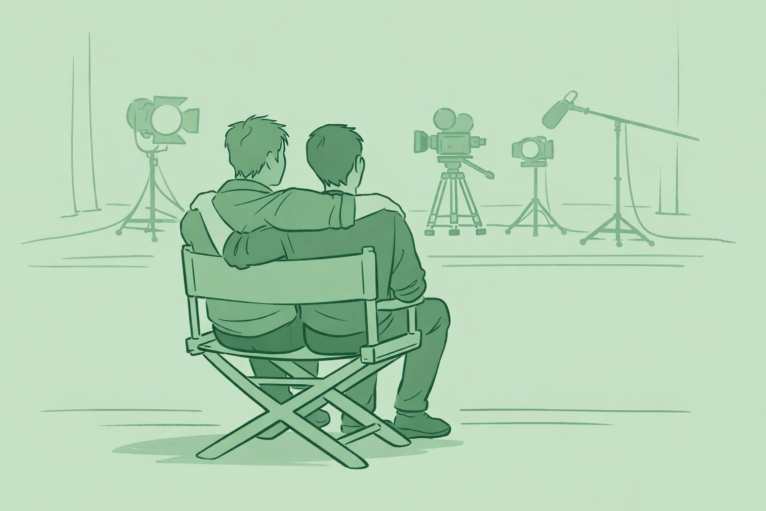 Two men on empty sound stage envisioning MM romance adaptation for streaming TV