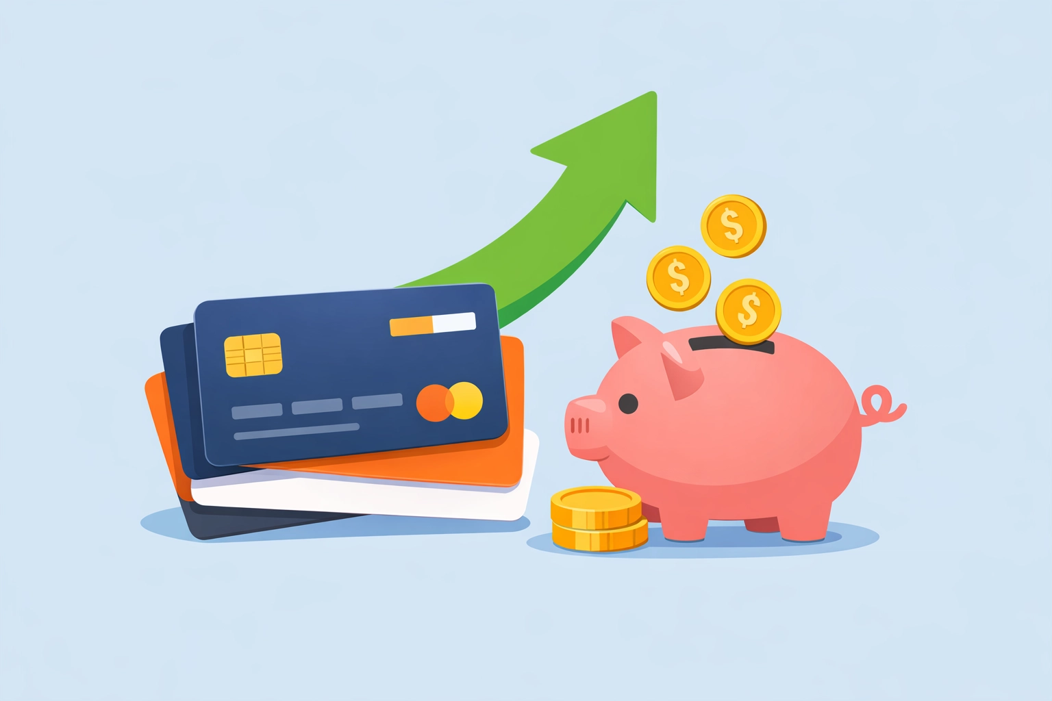Gráfico de tarjetas de crédito y una alcancía que simboliza el pago estratégico de deudas.