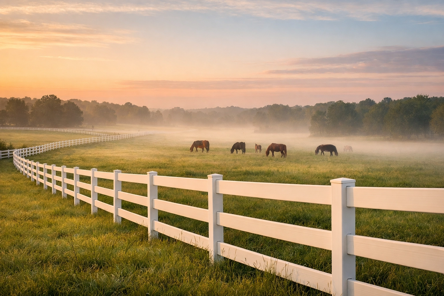White board fencing and grazing horses on Waxhaw NC equestrian property pasture