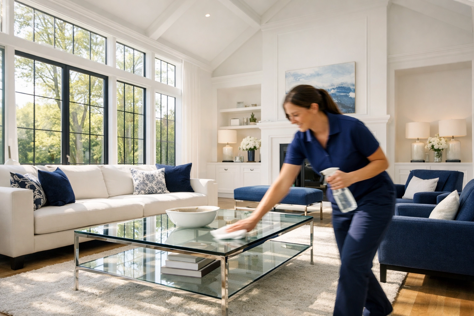 Professional house cleaner in a sunlit Sherborn living room providing efficient maid services.