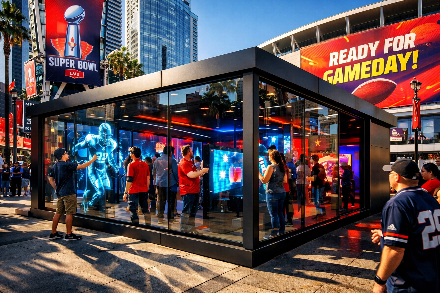 Modern experiential marketing pavilion featuring immersive digital sports displays for fans during game week.