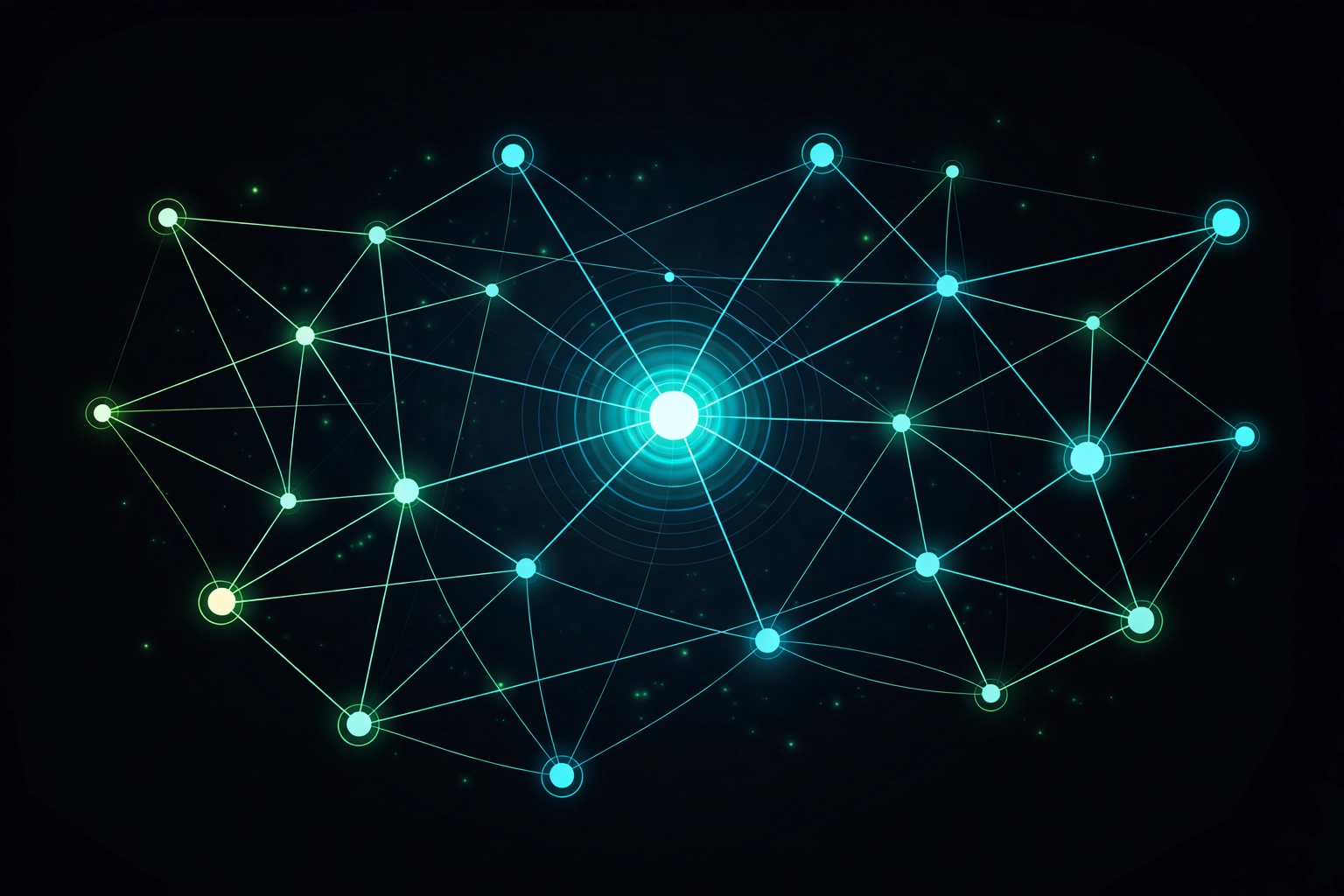 Network of glowing neon nodes and lines symbolizing memory and context graphs in enterprise AI applications.