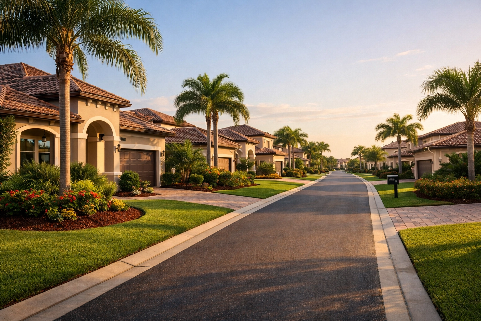 Clean residential street with Mediterranean-style homes in a Cape Coral community.