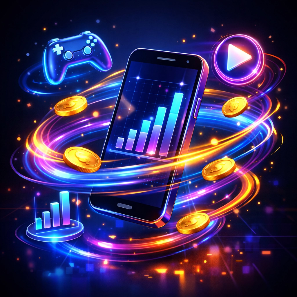 Smartphone surrounded by digital coins and icons representing play-to-earn app revenue and data collection.