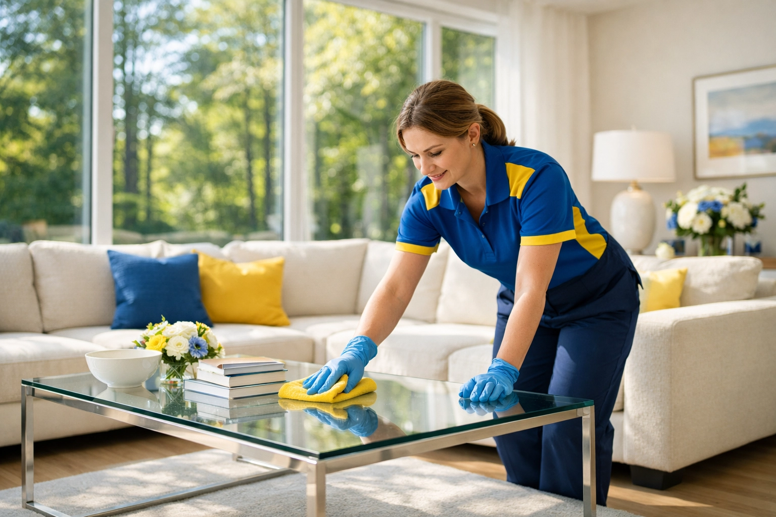 Professional residential cleaner polishing a glass table for house cleaning Boxborough in a modern home.