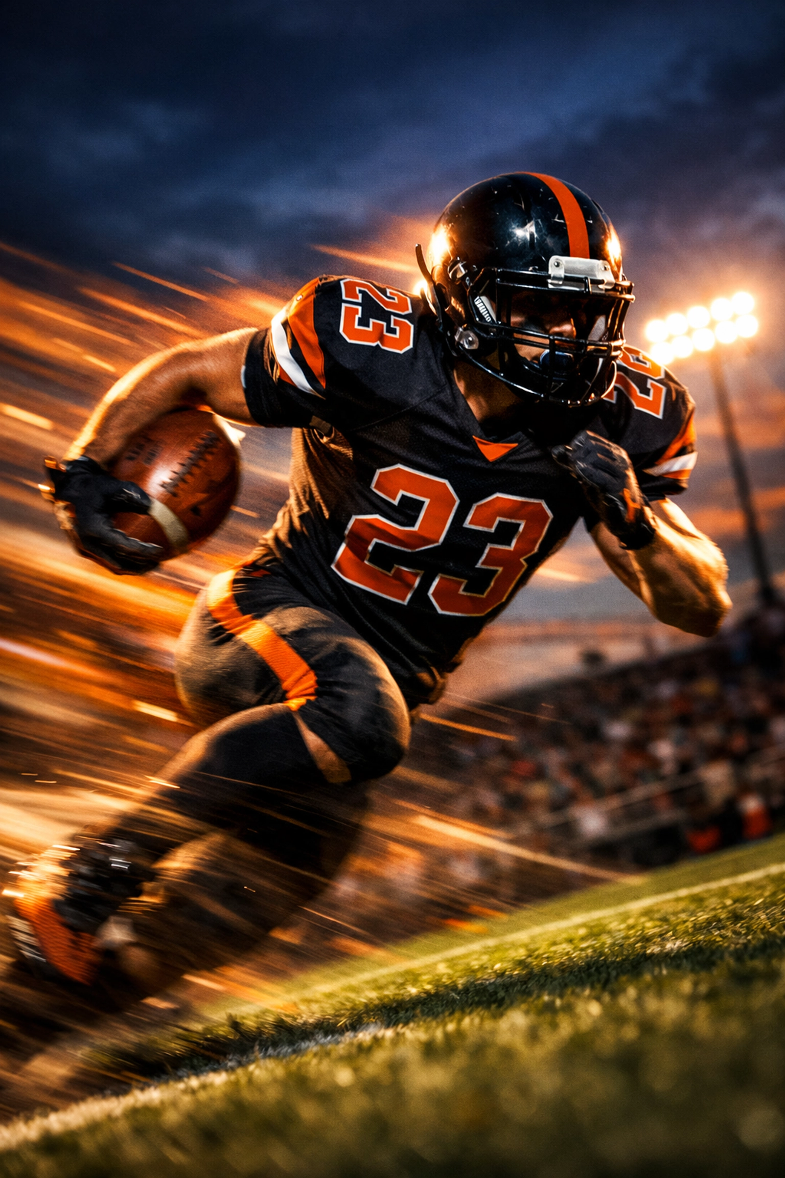 High school football athlete demonstrating explosive speed on stadium field at dusk