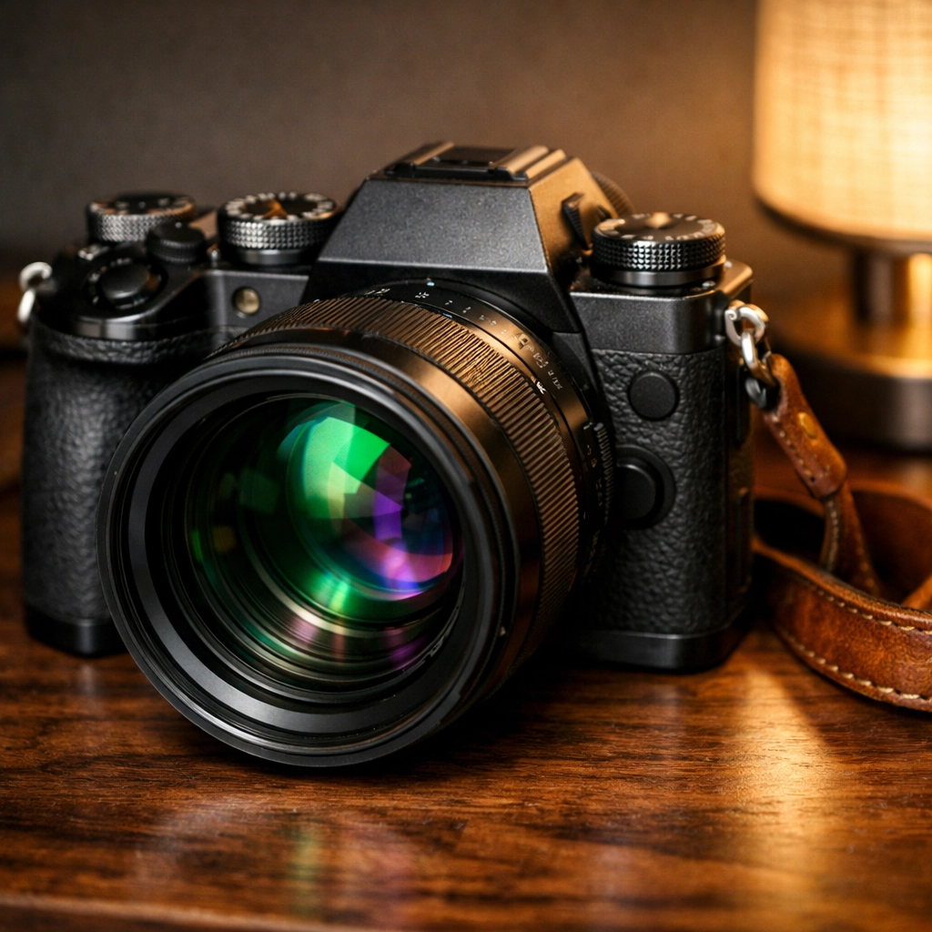 Close-up of a modern mirrorless camera on a desk showcasing the latest photography tutorials and news.