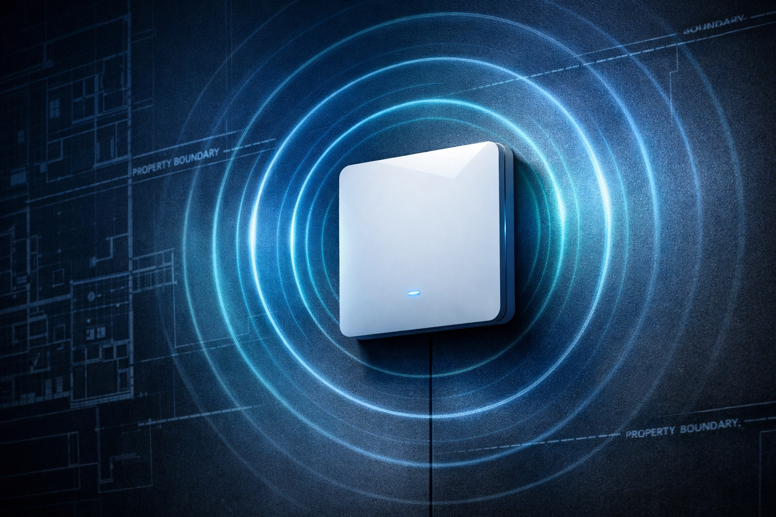 Wireless access point showing Wi-Fi signal coverage and boundaries in office space