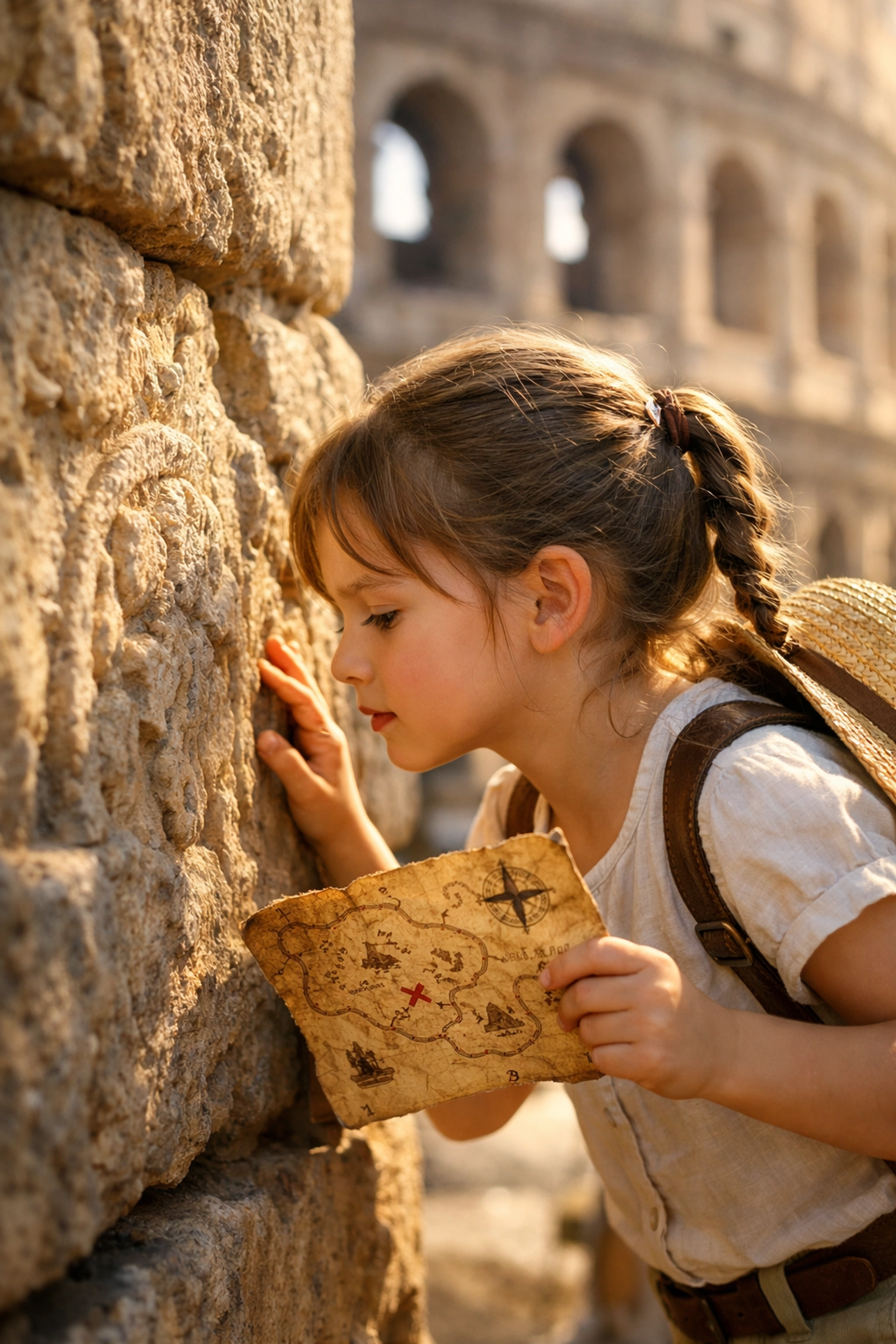 Young girl discovering ancient stone carvings at the Roman Colosseum for unique family travel photos.