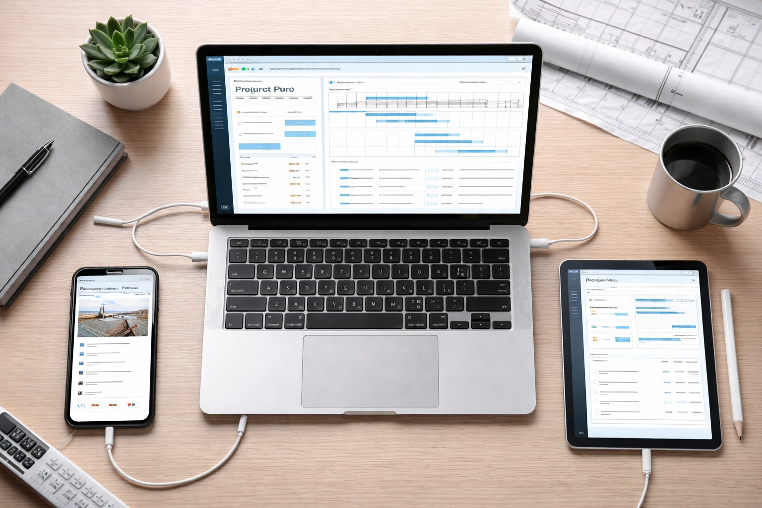 Laptop, tablet, and phone synced with project data, highlighting connected contractor workflow systems.