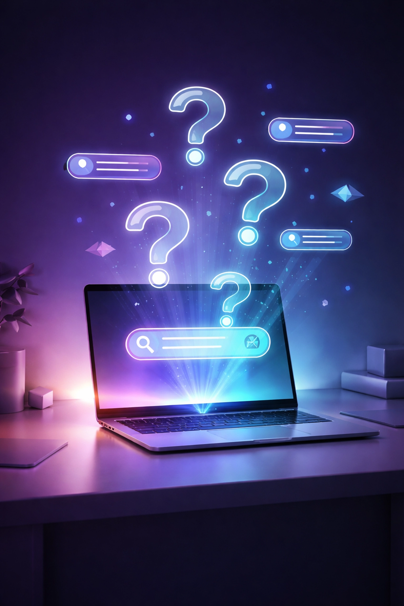 Laptop with floating search query icons illustrating content creation and long-tail keyword strategy.