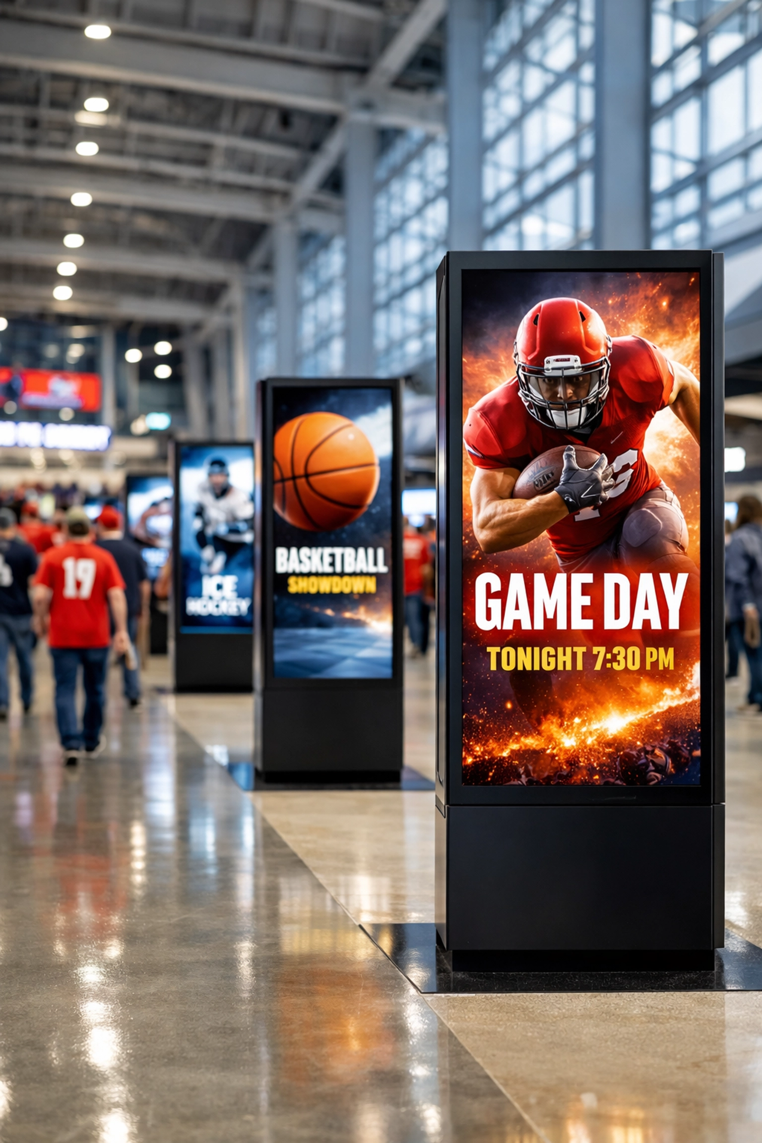 Vertical digital out-of-home screens in a stadium concourse promoting Super Bowl fan engagement.