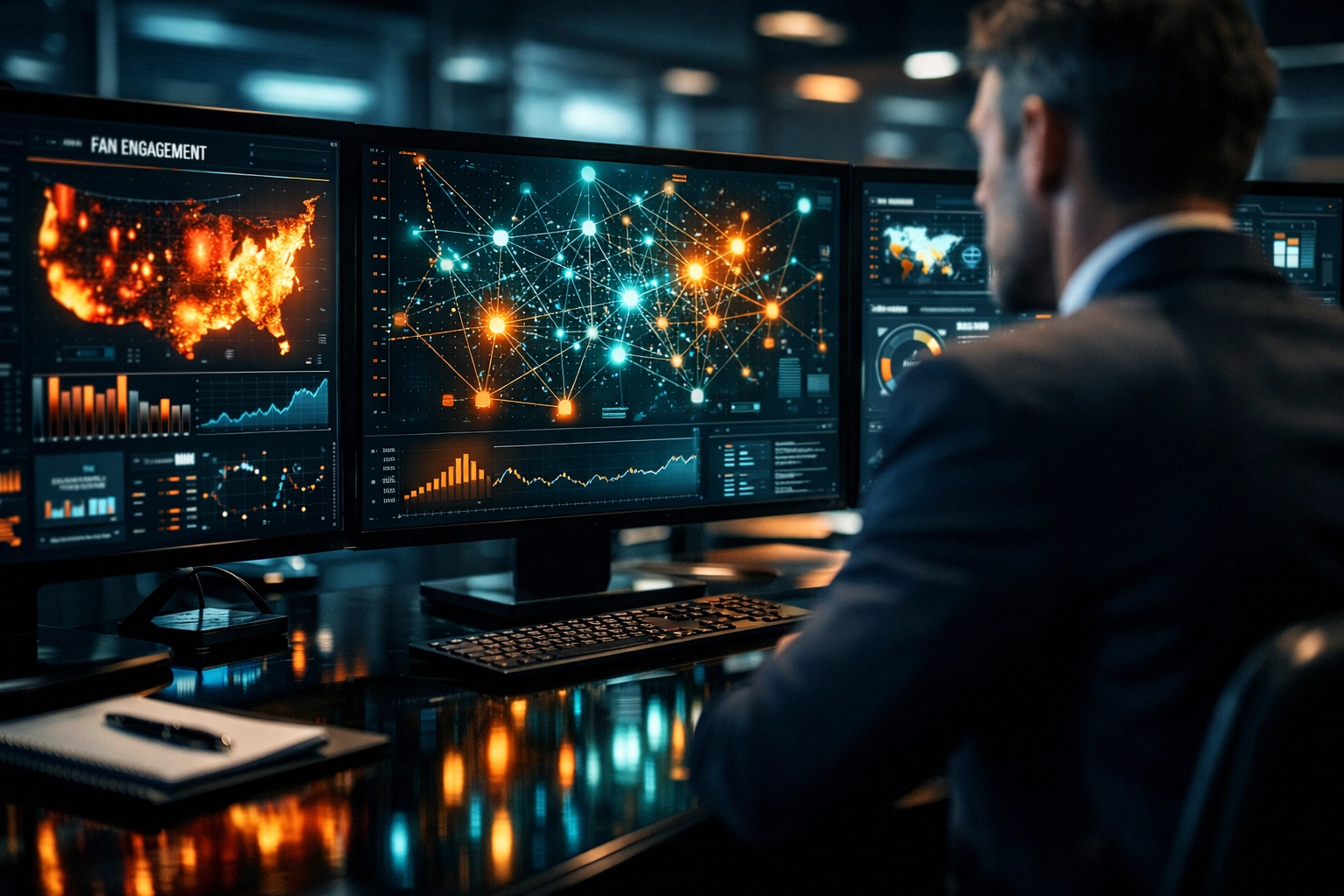 Marketing executive analyzing real-time Super Bowl fan engagement data and performance metrics on digital displays.