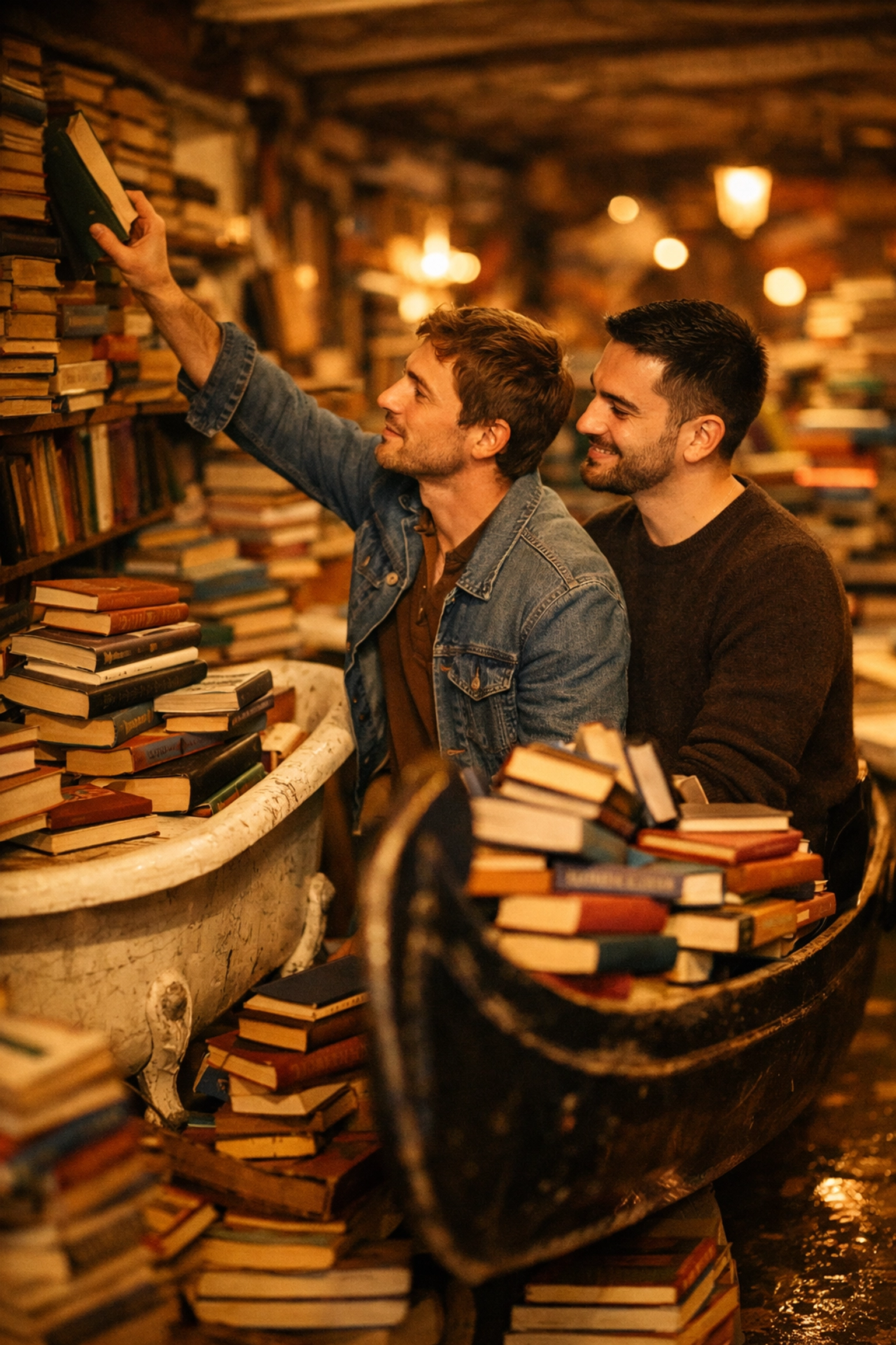 Gay couple browsing MM romance books in Venice's Libreria Acqua Alta