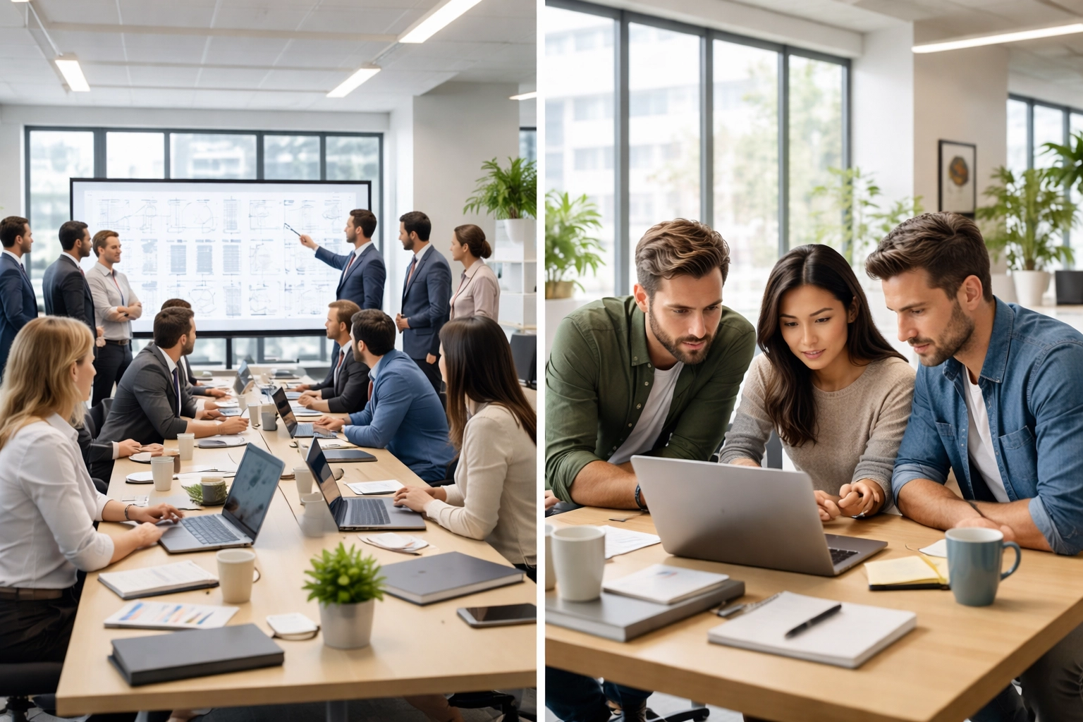 Office scene contrasting a large consultancy team and a specialized boutique group, highlighting ServiceNow consulting options.