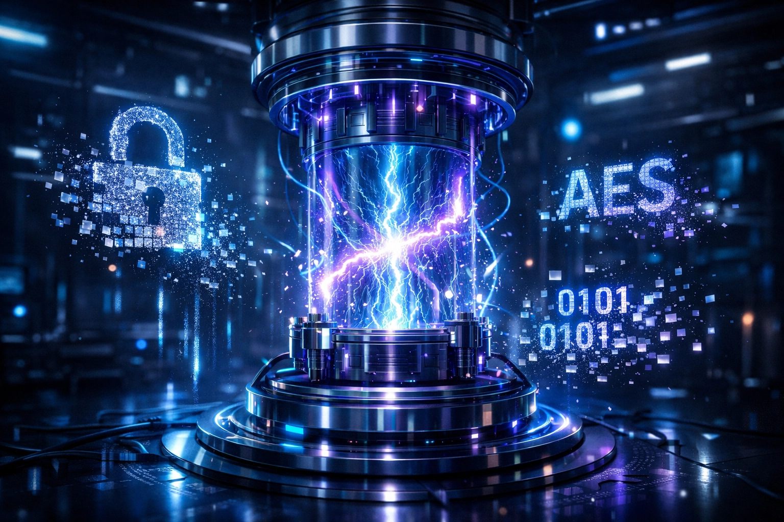 Quantum computer core breaking traditional encryption standards used in business backups