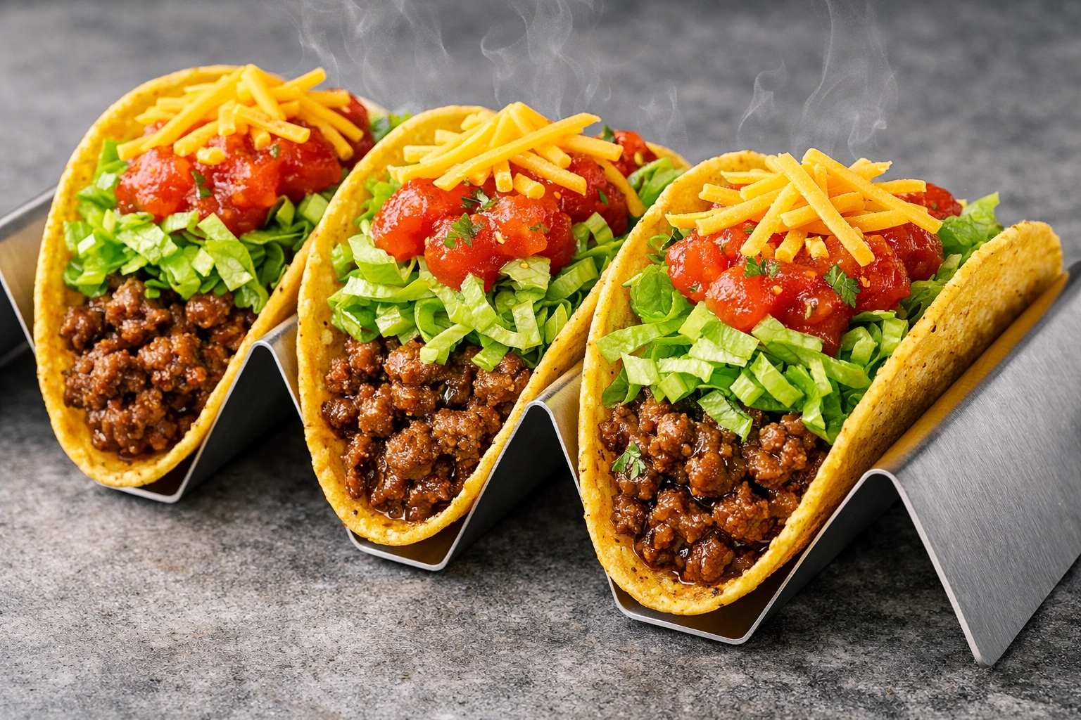 Crispy ground beef tacos with salsa, a fast and easy family meal for hectic afternoons.