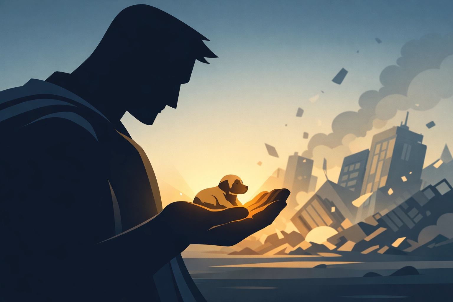 Superman gently rescuing puppy during chaos - teaching kids compassion and mercy