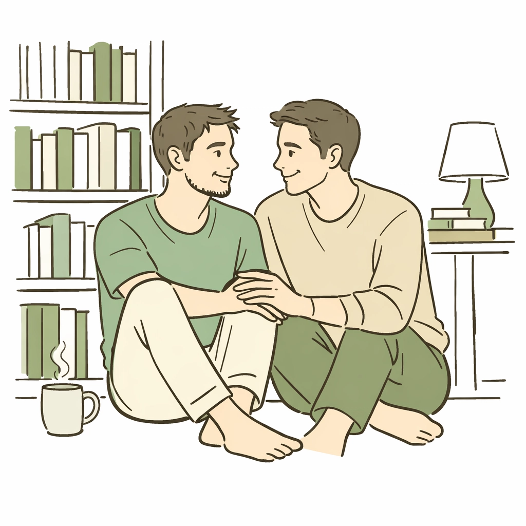 An MM couple sharing a soft gaze in a library, representing the diversity of identities in gay fiction.