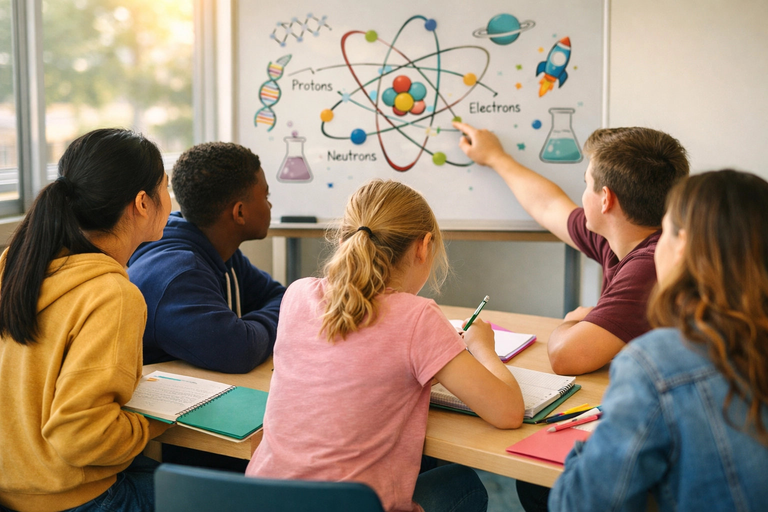 Small group of students engaged in GCSE Science revision with teacher at Harris Boys Academy Dulwich