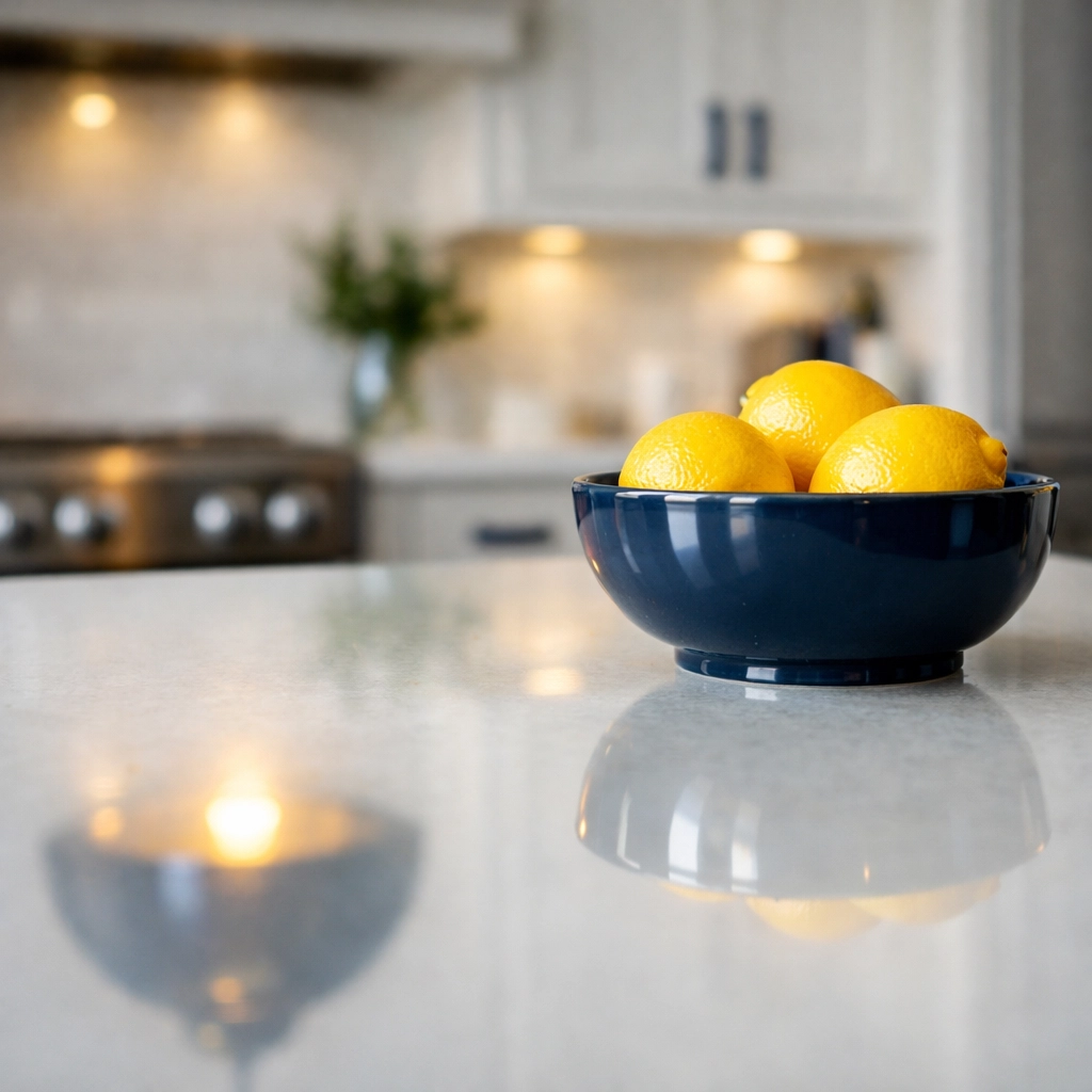A pristine quartz kitchen counter reflecting a weekly reset and the benefits of bi-weekly house cleaning.