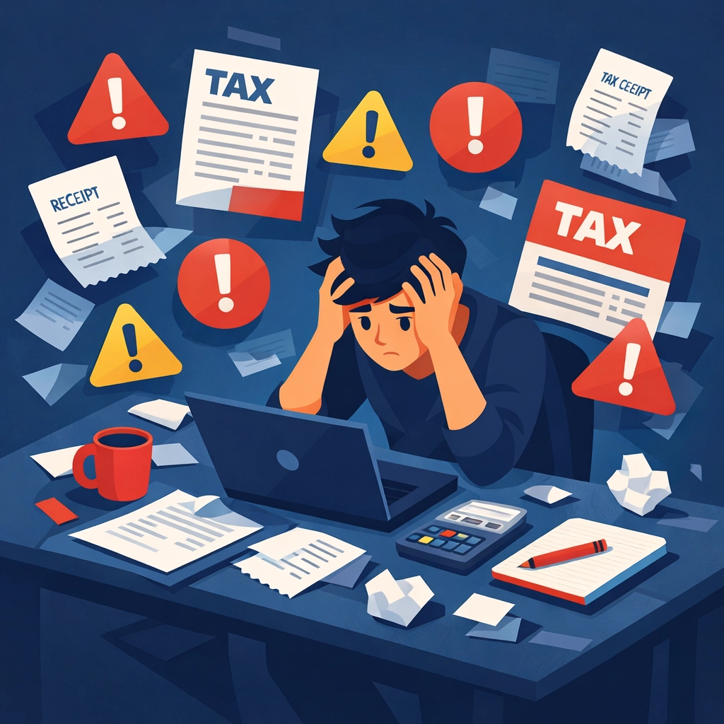 Freelancer overwhelmed by tax forms and bookkeeping errors at desk