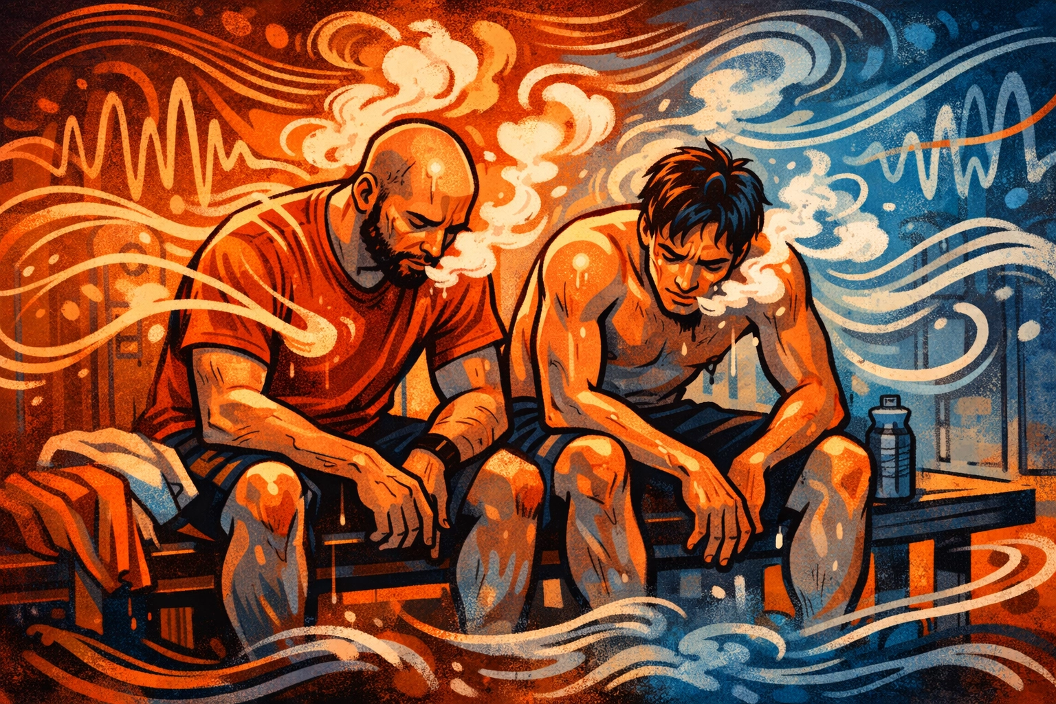 Post-workout recovery moment showing two men breathing heavily on shared gym locker room bench