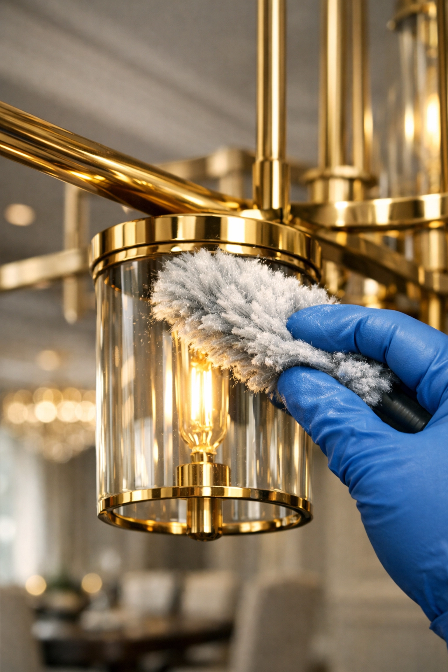 Close-up of a professional cleaner dusting a luxury light fixture during residential cleaning Massachusetts.