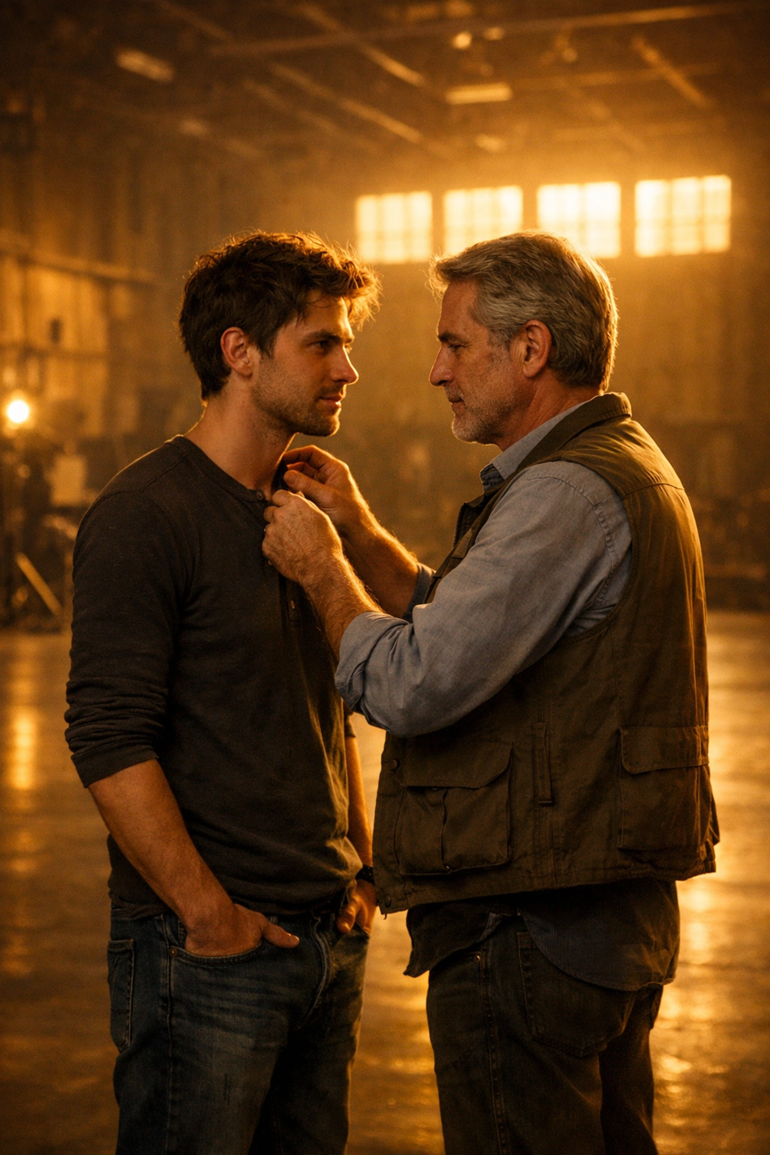 Cinematographer adjusts director's collar in intimate gesture on empty soundstage