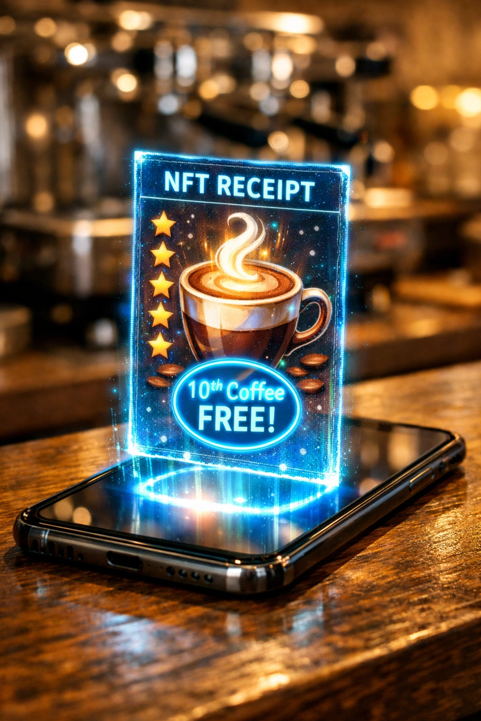 NFT receipt with loyalty rewards displayed on smartphone at coffee shop checkout