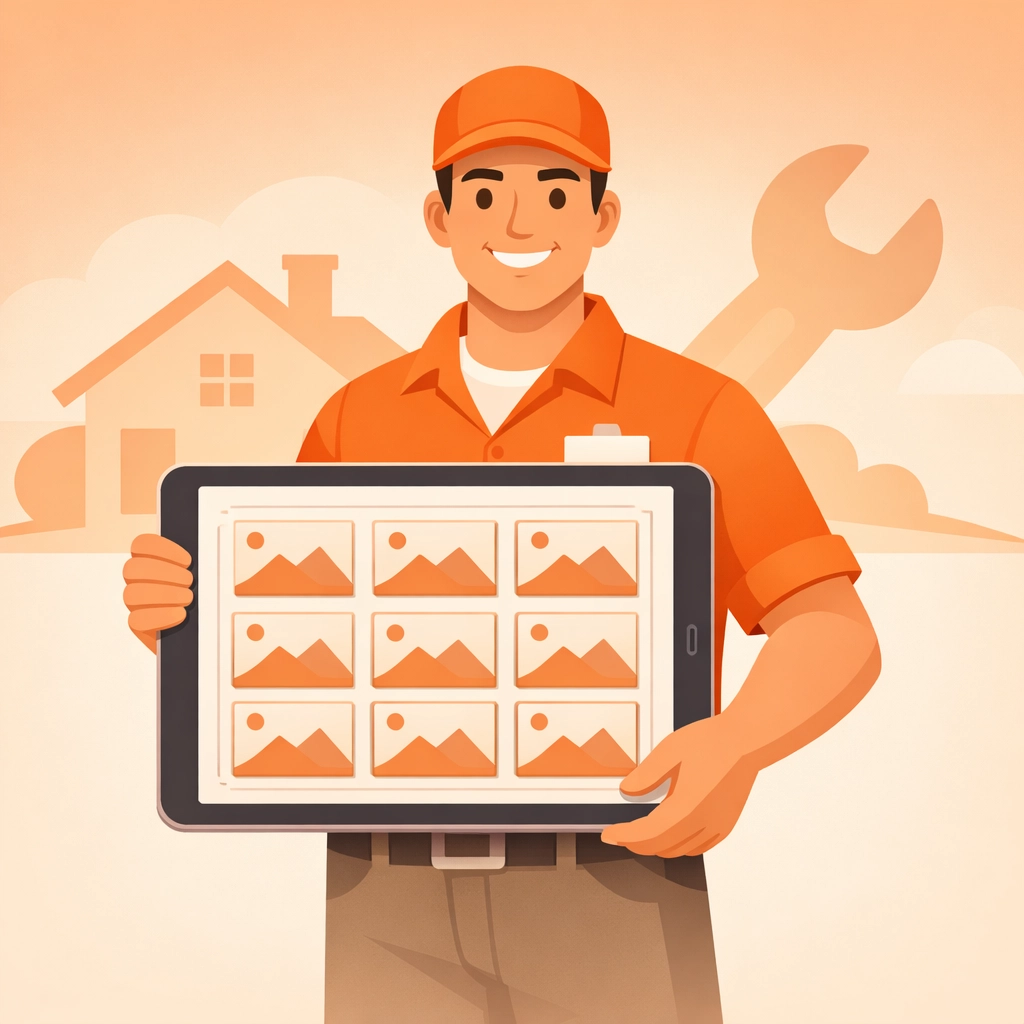 Service pro using a contractor job app to organize project photo logs and show high-quality work to clients.
