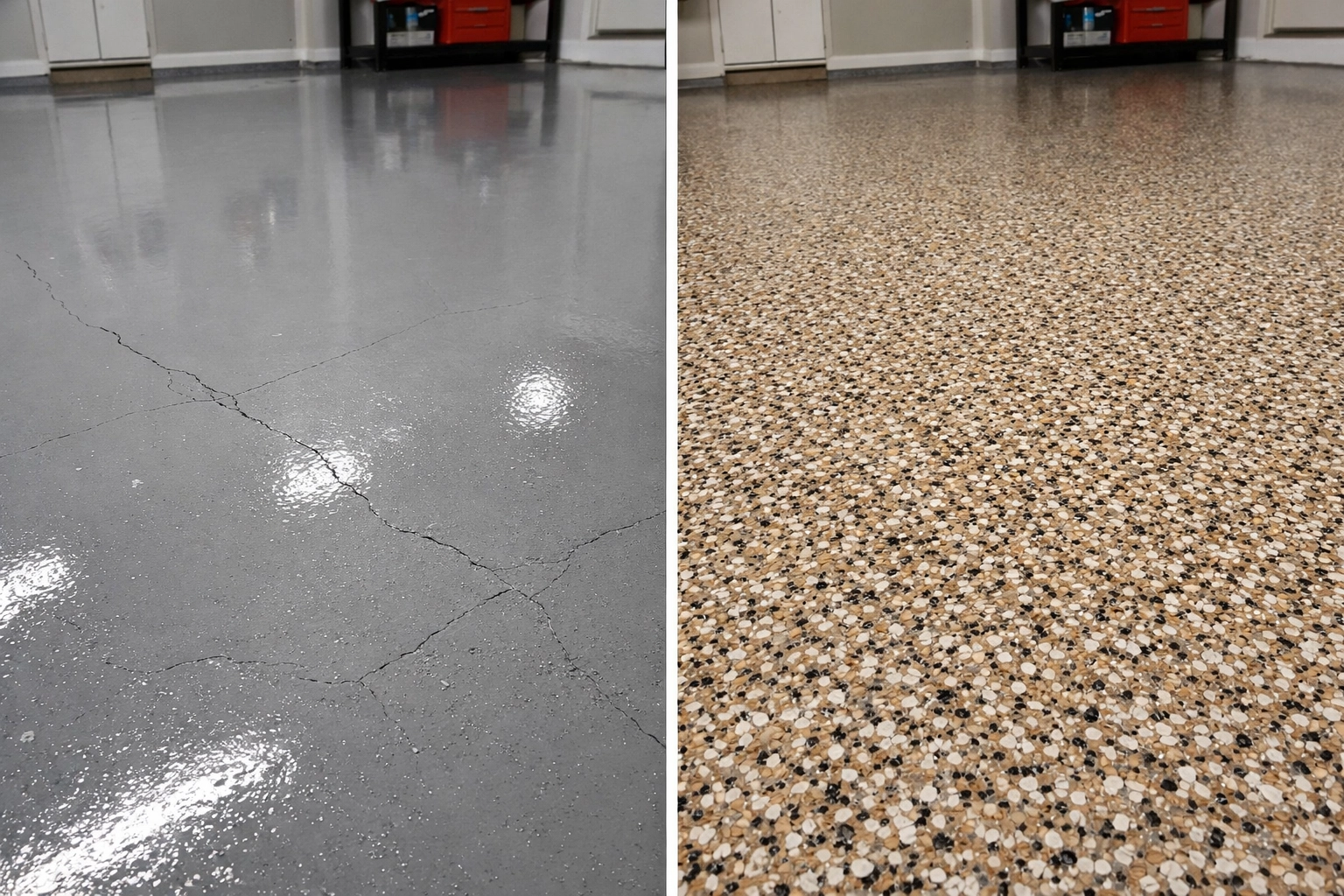 Plain epoxy vs polymer flake garage floor comparison showing how flakes hide imperfections