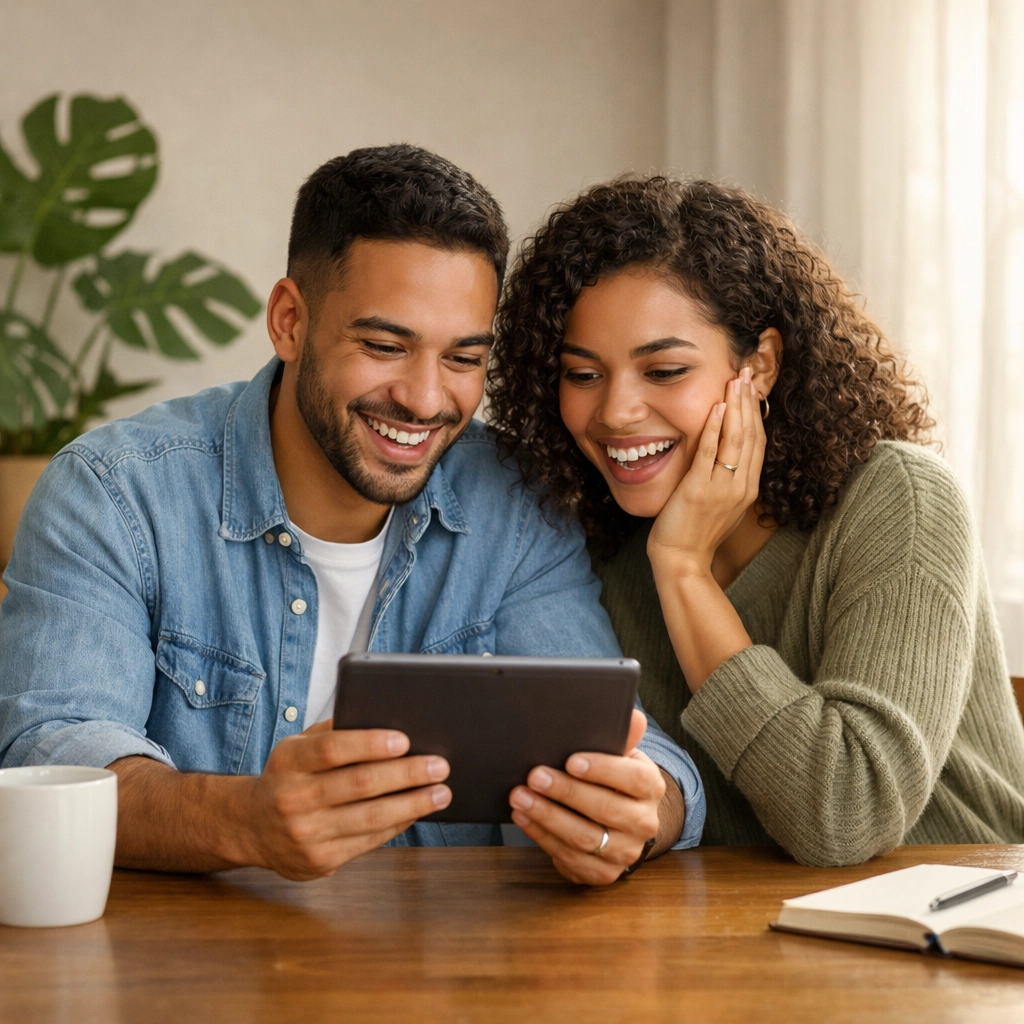 A happy couple reviewing affordable manufactured home financing options on a tablet.
