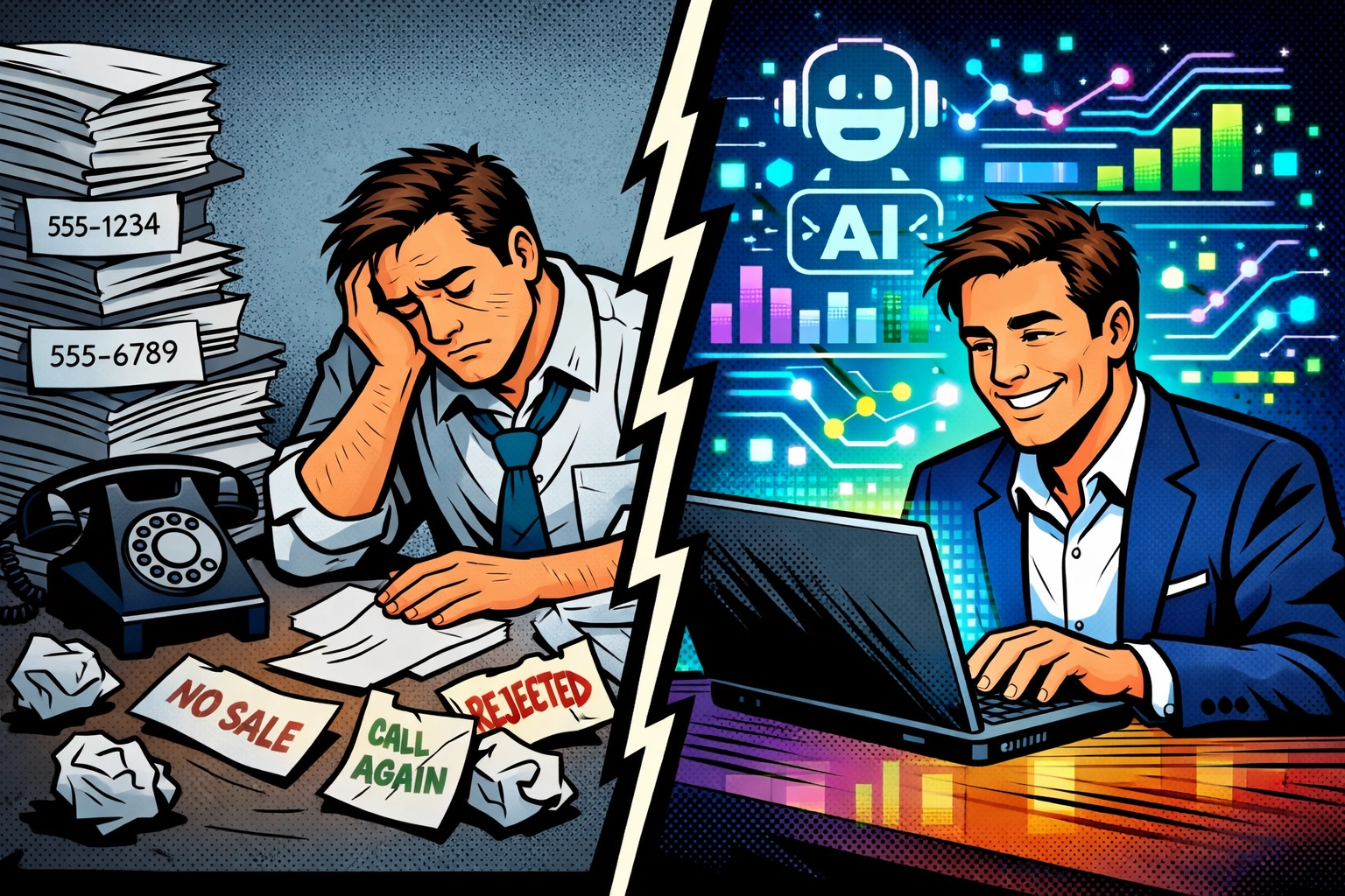 Cold calling vs AI lead generation: exhausted salesperson compared to relaxed business owner using AI tools