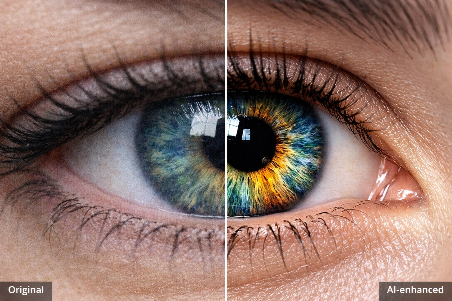 Macro split-screen showing the impact of AI photo editing on resolution and detail enhancement.