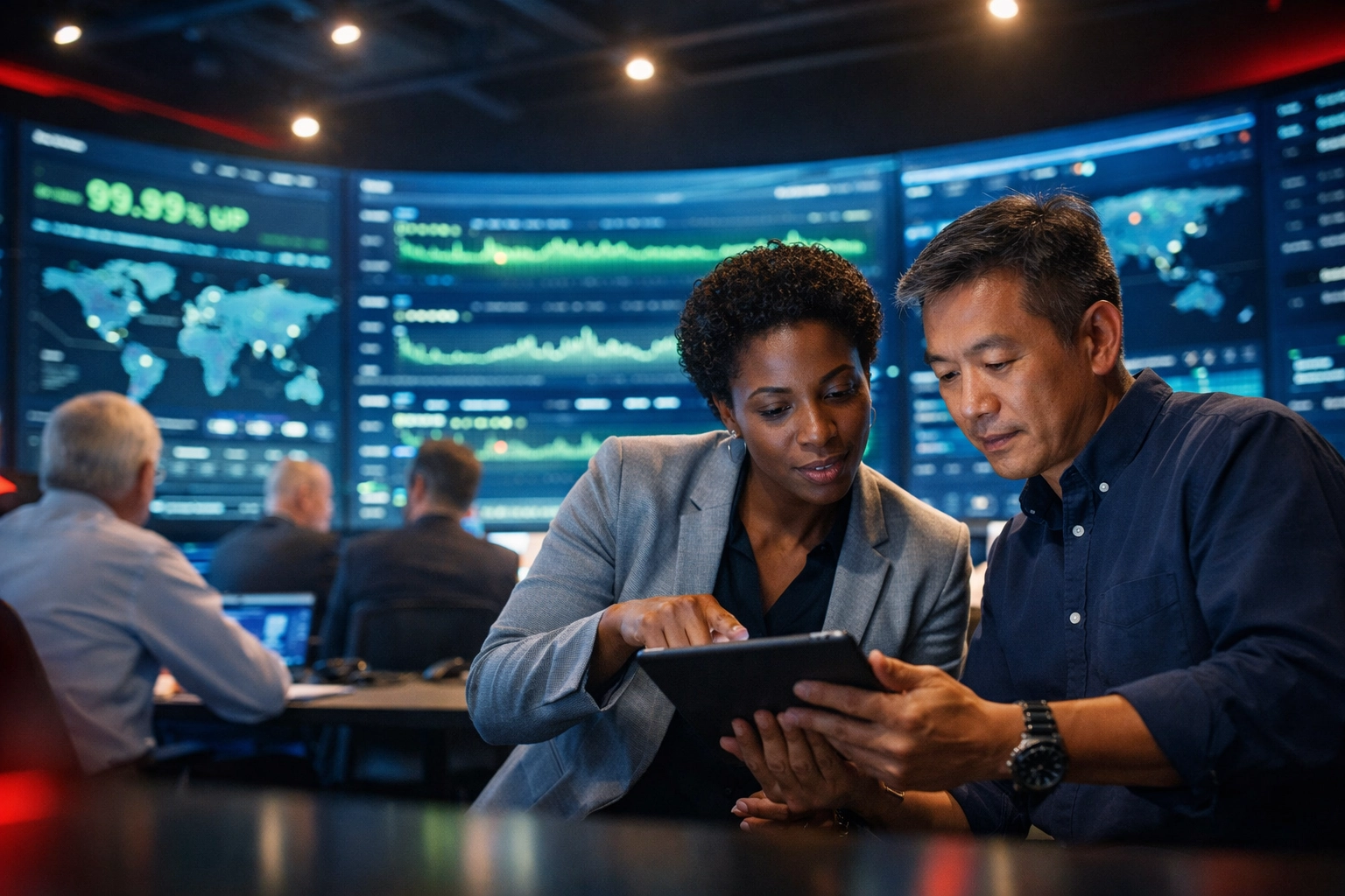 Enterprise technology leaders collaborating on mission-critical platform deployment with real-time dashboards