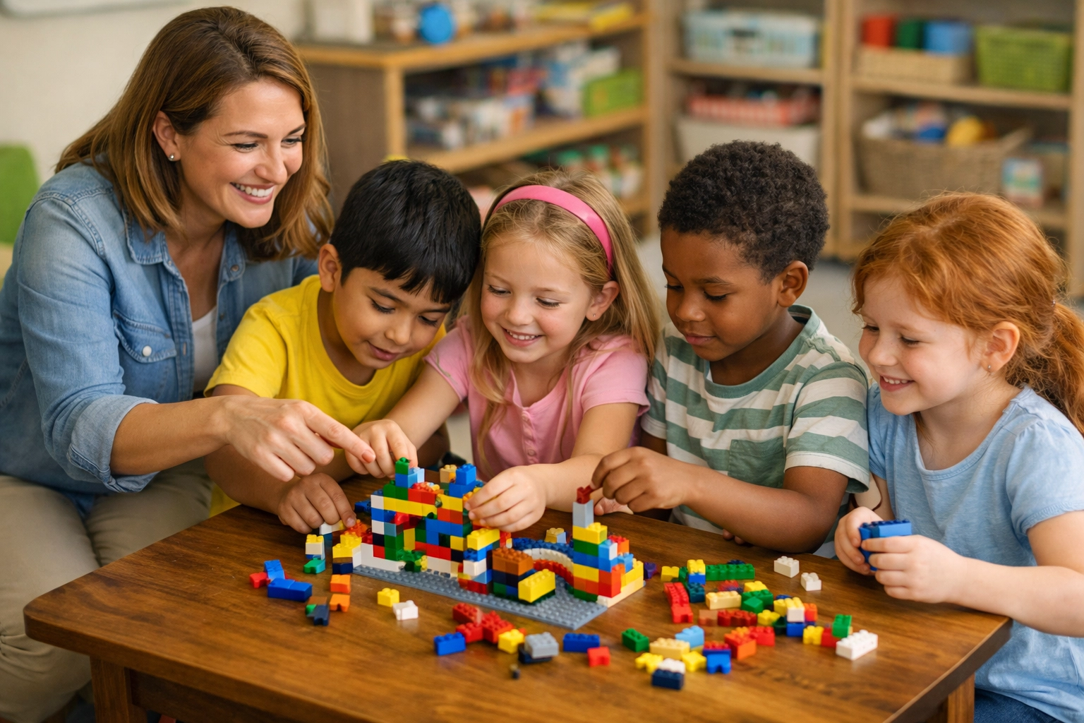 Children building together with ABA therapist in social skills group in Fayette County Georgia
