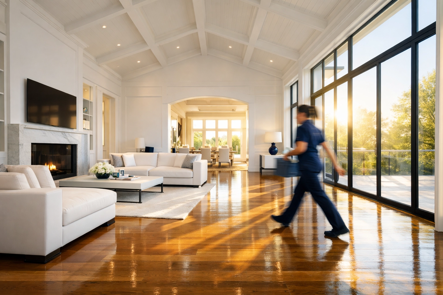 Professional residential cleaning Massachusetts team efficiently cleaning a luxury Dover living room with hardwood floors.