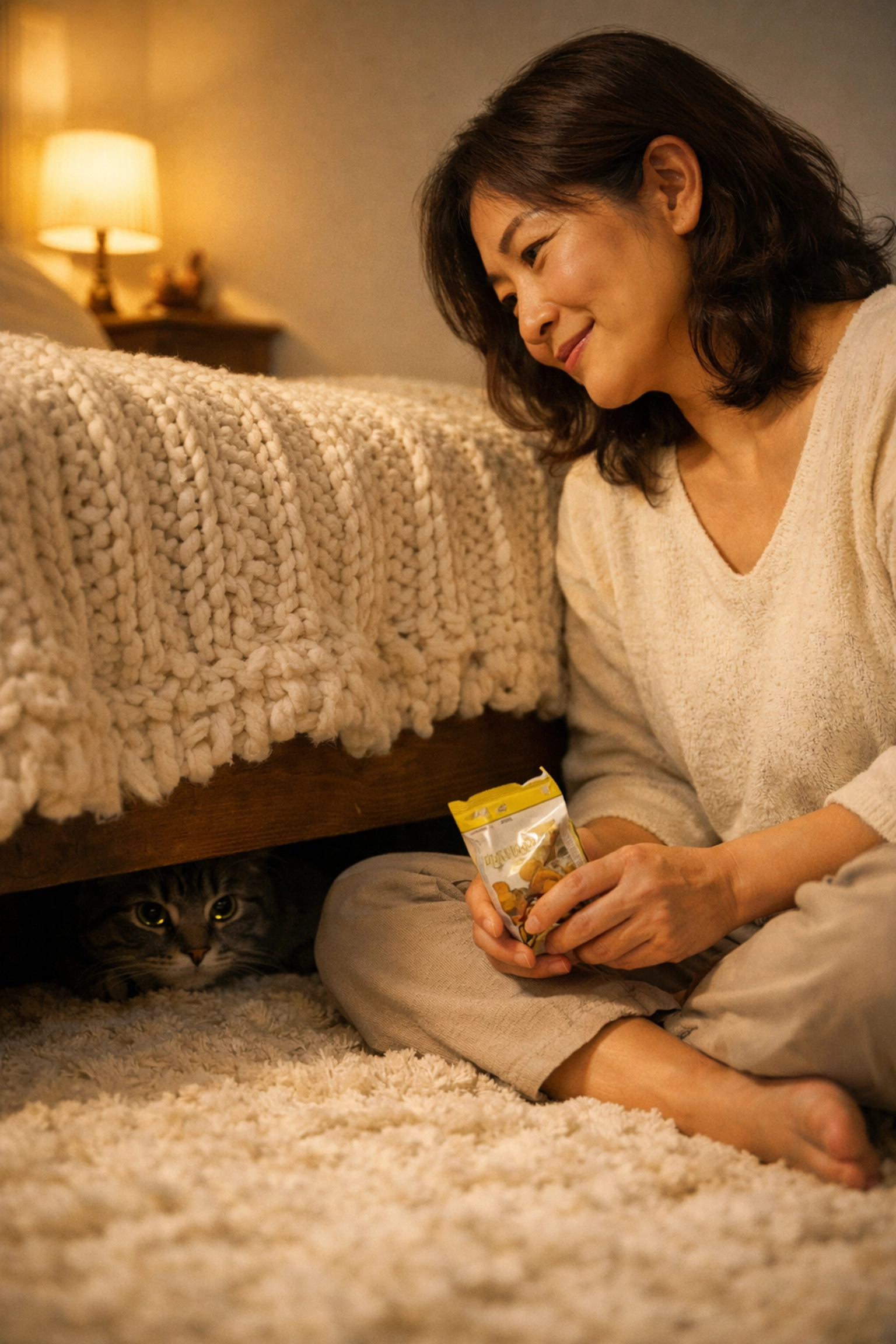 Professional sitter using low-stress techniques to care for a shy cat hiding under a bed in Oakland.