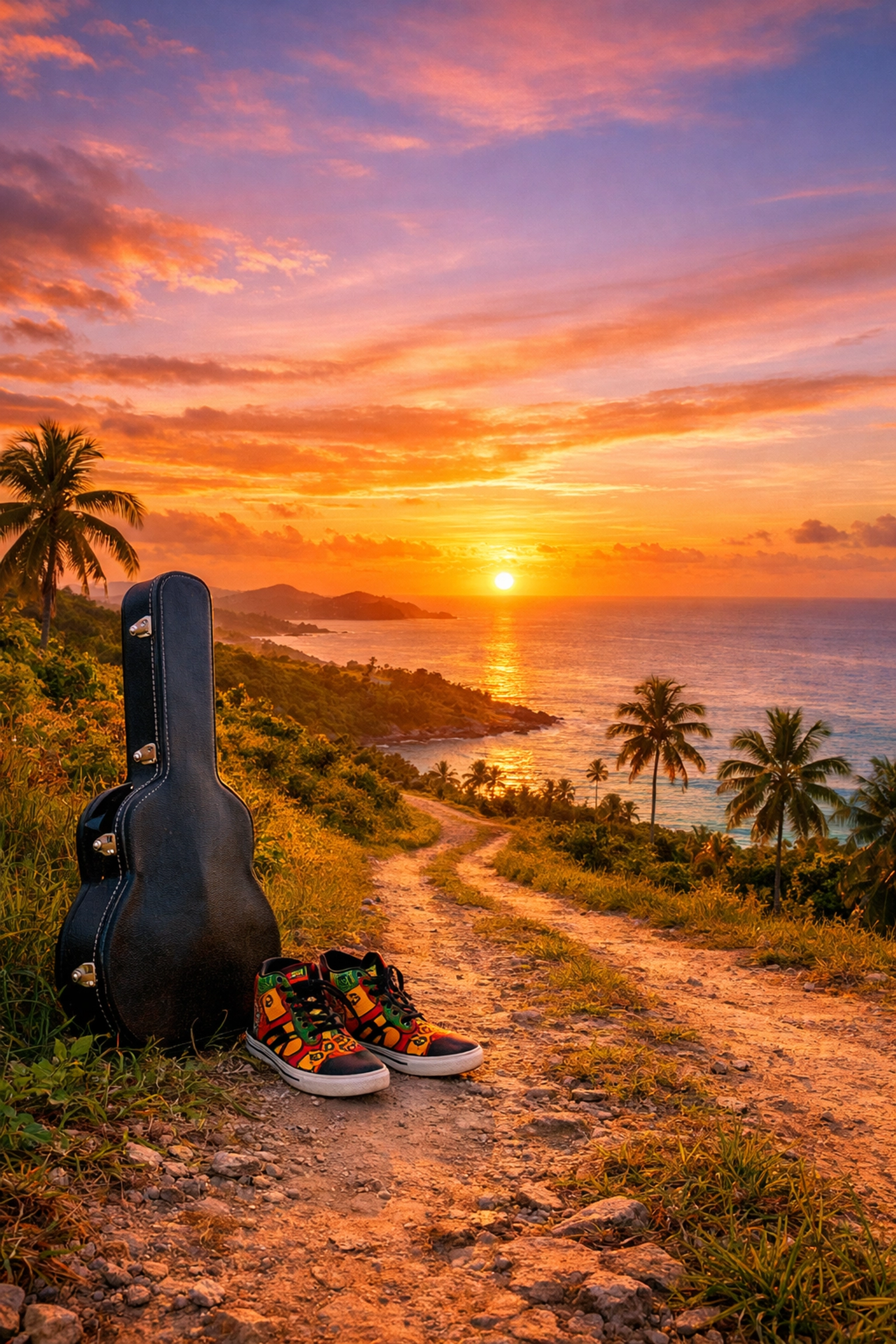 A guitar case on a Caribbean path at sunset representing the journey of independent artist music.